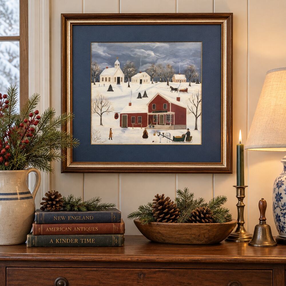 Jean Colquhoun Folk Art Print Winter Village General Store Horse Sleigh Framed